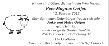 Babyanzeige von Peer-Magnus Oetjen von WESER-KURIER