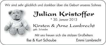 Babyanzeige von Julian Kristoffer von WESER-KURIER