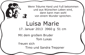 Babyanzeige von Luisa Marie Treppner von WESER-KURIER