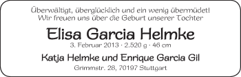 Babyanzeige von Elisa Garcia Helmke von WESER-KURIER