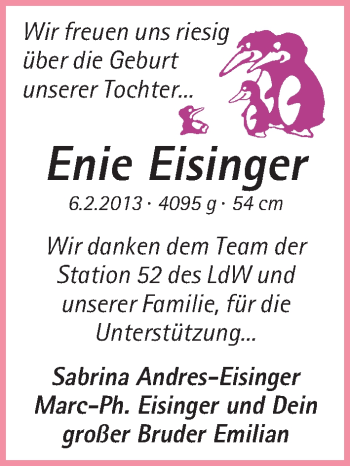 Babyanzeige von Enie Eisinger von WESER-KURIER