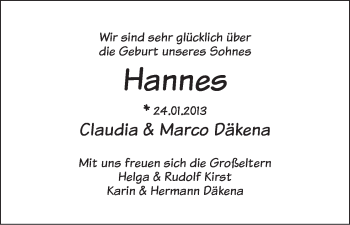 Babyanzeige von Hannes Däkena von WESER-KURIER