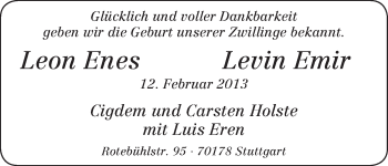 Babyanzeige von Leon Enes und Levin Emir Holste von WESER-KURIER