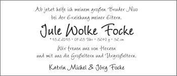 Babyanzeige von Jule Wolke Focke von WESER-KURIER