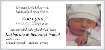 Babyanzeige von Zoé Lynn Nagel von WESER-KURIER