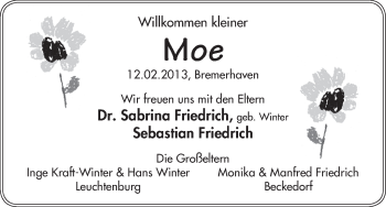 Babyanzeige von Moe Friedrich von WESER-KURIER