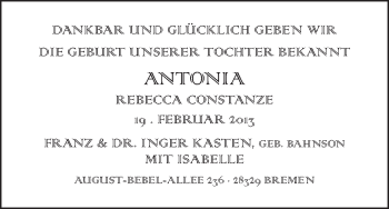 Babyanzeige von Antonia Rebecca Constanze Kasten von WESER-KURIER
