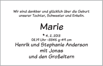 Babyanzeige von Marie Anderson von WESER-KURIER