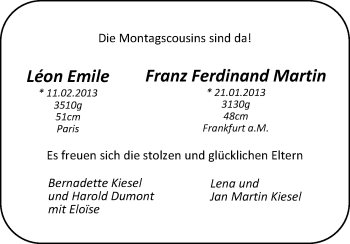 Babyanzeige von Léon Emile und Franz Ferdinand Martin  von WESER-KURIER