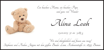 Babyanzeige von Alina Leah  von WESER-KURIER