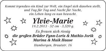 Babyanzeige von Ylvie-Marie Haase von WESER-KURIER