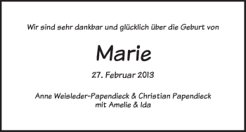 Babyanzeige von Marie  von WESER-KURIER