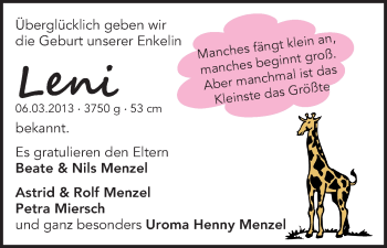 Babyanzeige von Leni  von WESER-KURIER