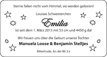 Babyanzeige von Emilia Loose von WESER-KURIER