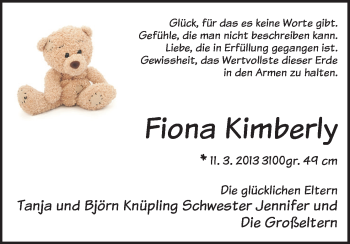 Babyanzeige von Fiona Kimberly Knüpling von WESER-KURIER