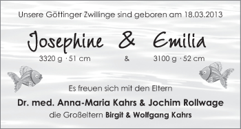 Babyanzeige von Josephine und Emilia  von WESER-KURIER