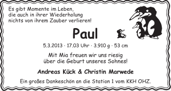 Babyanzeige von Paul  von WESER-KURIER