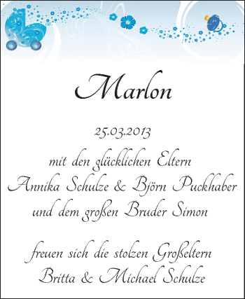 Babyanzeige von Marlon  von WESER-KURIER