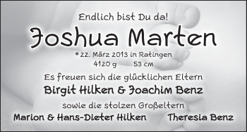 Babyanzeige von Joshua Marten  von WESER-KURIER