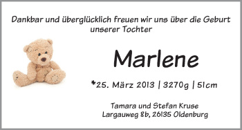 Babyanzeige von Marlene  von WESER-KURIER