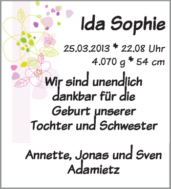 Babyanzeige von Ida Sophie  von WESER-KURIER