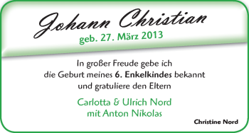 Babyanzeige von Johann Christian Nord von WESER-KURIER