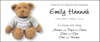 Babyanzeige von Emily Hannah  von WESER-KURIER