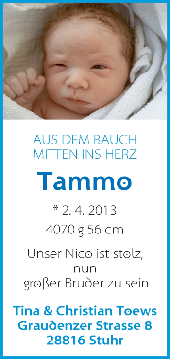 Babyanzeige von Tammo Toews von WESER-KURIER