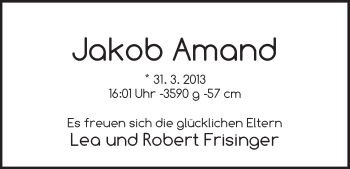 Babyanzeige von Jakob Amand Frisinger von WESER-KURIER