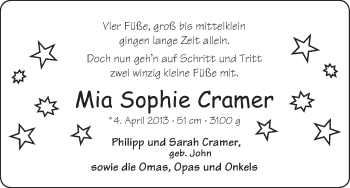 Babyanzeige von Mia Sophie Cramer von WESER-KURIER