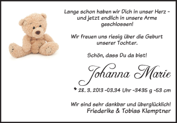 Babyanzeige von Johanna Marie Klemptner von WESER-KURIER