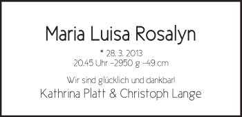 Babyanzeige von Maria Luise Rosalyn  von WESER-KURIER
