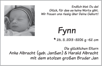 Babyanzeige von Fynn Albrecht von WESER-KURIER