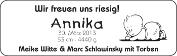 Babyanzeige von Annika  von WESER-KURIER