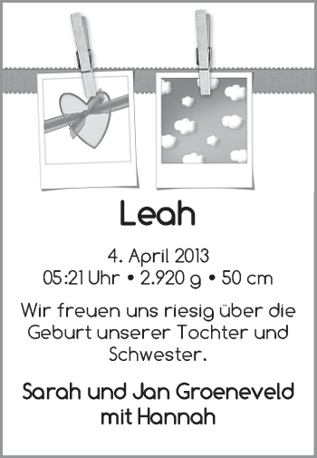 Babyanzeige von Leah Groeneveld von WESER-KURIER