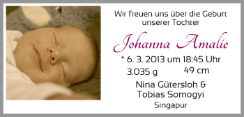 Babyanzeige von Johanna Amalie Somogyi von WESER-KURIER