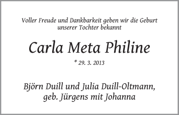 Babyanzeige von Carla Meta Philine  von WESER-KURIER