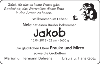 Babyanzeige von Jakob  von WESER-KURIER