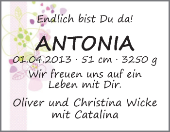 Babyanzeige von Antonia  von WESER-KURIER