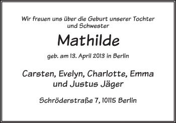 Babyanzeige von Mathilde Jäger von WESER-KURIER