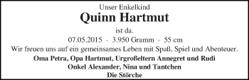 Babyanzeige von Quinn Hartmut von WESER-KURIER