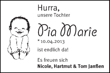 Babyanzeige von Pia Marie Janßen von WESER-KURIER