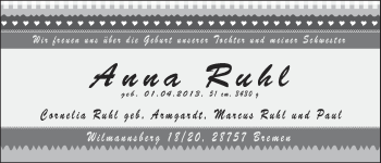 Babyanzeige von Anna Ruhl von WESER-KURIER