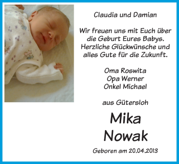Babyanzeige von Mika Nowak von WESER-KURIER