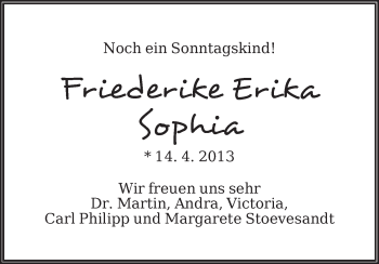 Babyanzeige von Friederike Erika Sophia  von WESER-KURIER