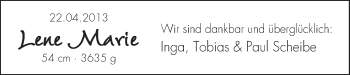 Babyanzeige von Lene Marie Scheibe von WESER-KURIER