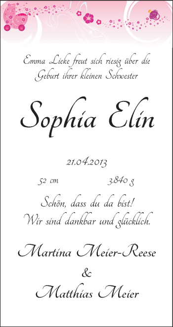 Babyanzeige von Sophia Elin von WESER-KURIER