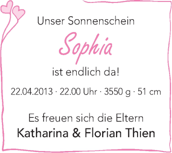 Babyanzeige von Sophia  von WESER-KURIER