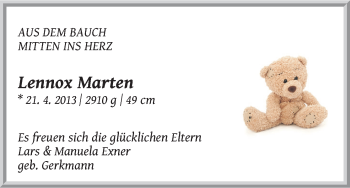 Babyanzeige von Lennox Marten Exner von WESER-KURIER