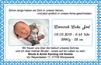 Babyanzeige von Dominik Luka Joel  von WESER-KURIER
